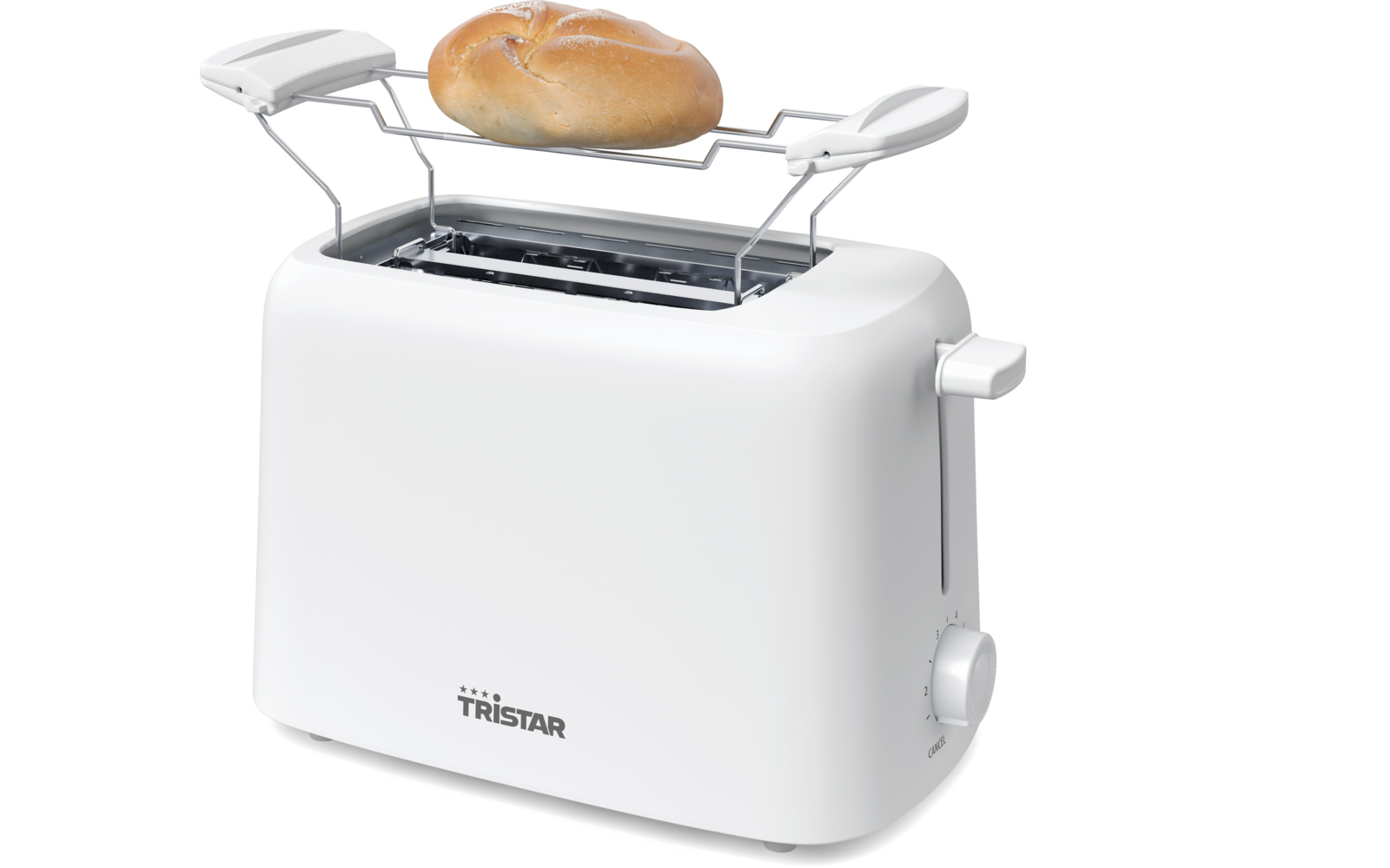 Weißer Doppeltoaster mit Aufwärmgitter, auf dem ein rundes Brötchen liegt; sichtbares Bedienrad und Logo "Tristar"