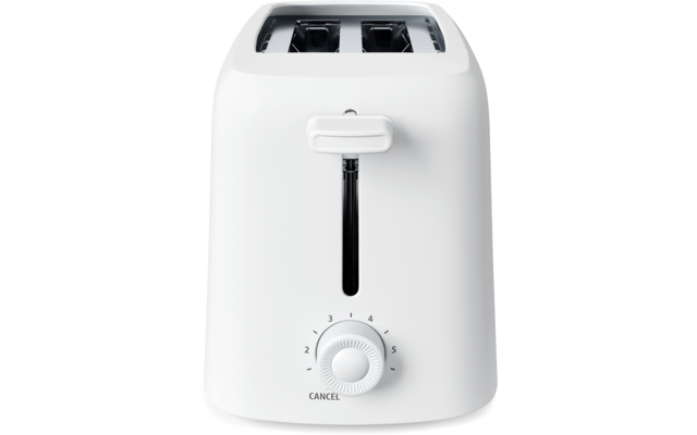 Weißer Toaster, Frontalansicht mit zwei Schlitzen oben, mittigem Hebel und Einstellrad mit Zahlen 1-6 und CANCEL vorne