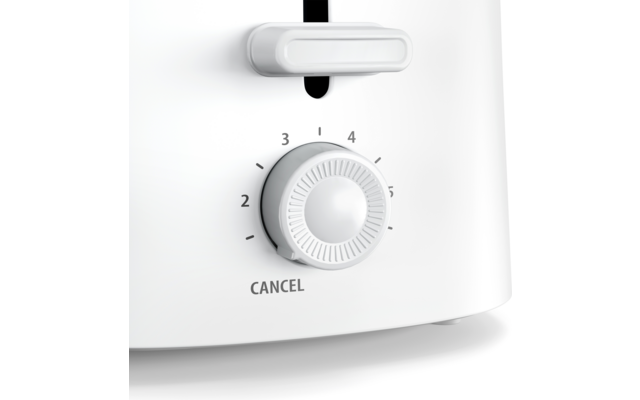 Weiße Vorderseite eines Geräts mit horizontalem Hebel oben, rundem geriffeltem Einstellrad mit den Zahlen 1 bis 5 und dem aufgedruckten Wort 'CANCEL' darunter