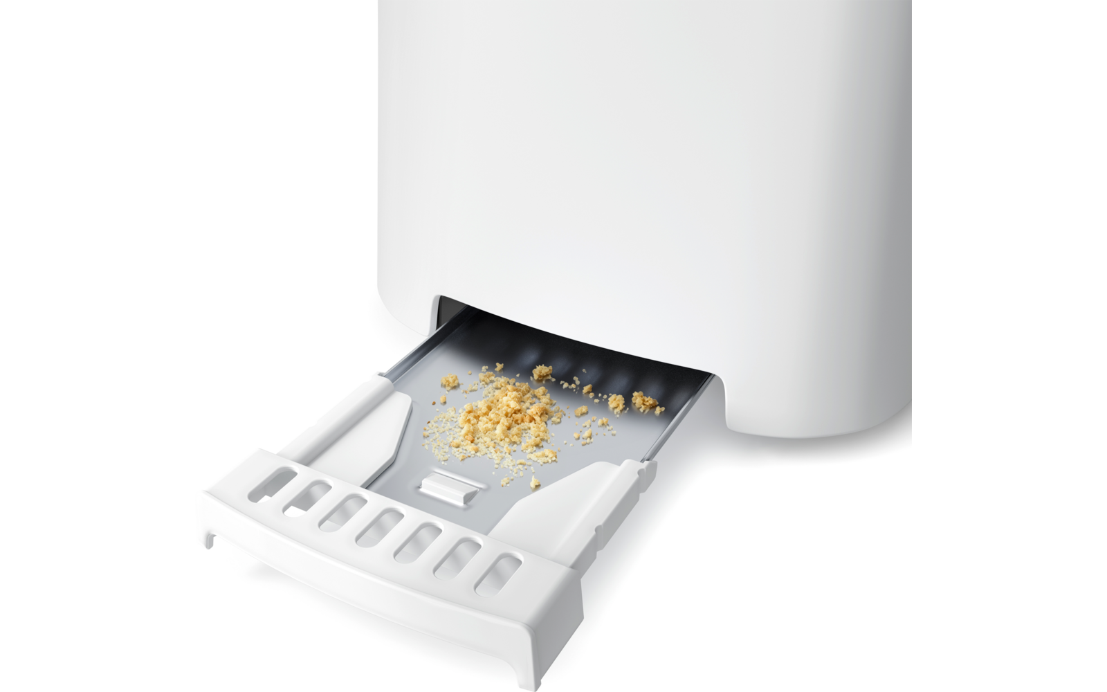 Ausgezogene Krümelschublade eines weißen Toasters mit Krümeln auf der Schublade