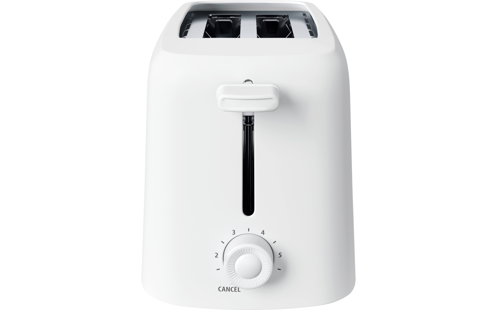 Witte broodrooster, vooraanzicht met twee sleuven bovenop, centrale hendel en draaiknop met cijfers 1-6 en CANCEL aan de voorkant