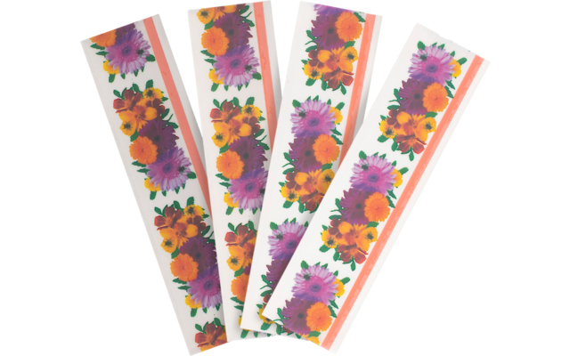 Vier Lesezeichen mit bunten Blumenmotiven nebeneinander angeordnet