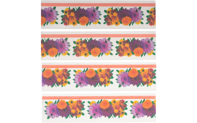 Mehrere Streifen mit orange- und violettfarbenen Blumen auf weißem Hintergrund
