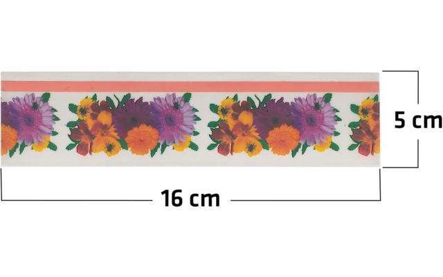 Bunte Blumengirlande mit orangefarbenen und violetten Blumen und grünen Blättern auf einem weißen Hintergrund, Maßangaben 16 cm breit und 5 cm hoch