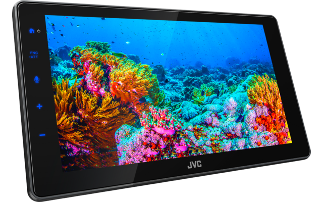 Schwarzer JVC-Monitor mit Anzeige eines bunten Korallenriffs und blauem Wasser