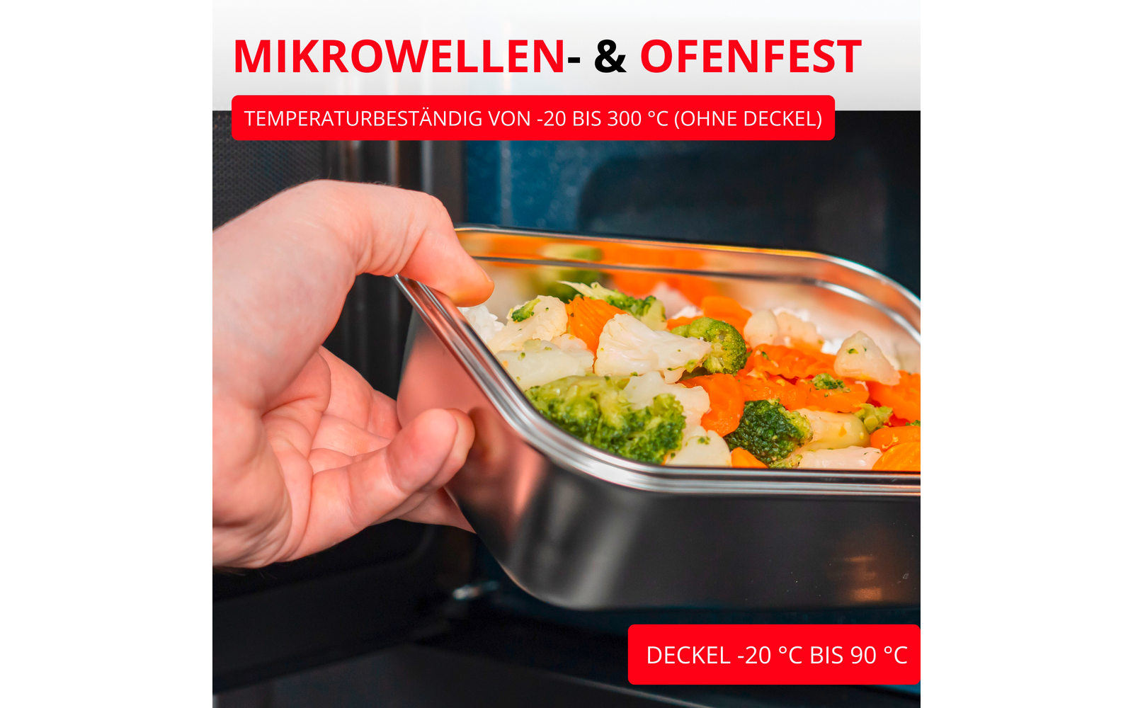 Main glissant un récipient métallique contenant des légumes vapeur (brocoli, chou-fleur, carotte) dans l'intérieur d'un four ou d'un micro-ondes; bandeau rouge en haut indiquant 'MIKROWELLEN- & OFENFEST' avec les températures