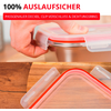 Main referme le couvercle d'un récipient rectangulaire transparent en plastique avec joint d'étanchéité rouge ; en dessous gros plan d'un angle sur une surface en bois ; en haut titre rouge "100% AUSLAUFSICHER" et bandeau rouge avec texte blanc