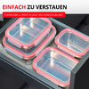 Boîtes en plastique rectangulaires transparentes avec bords rouges, empilées dans un tiroir gris ouvert; bannière rouge avec texte blanc en haut à gauche