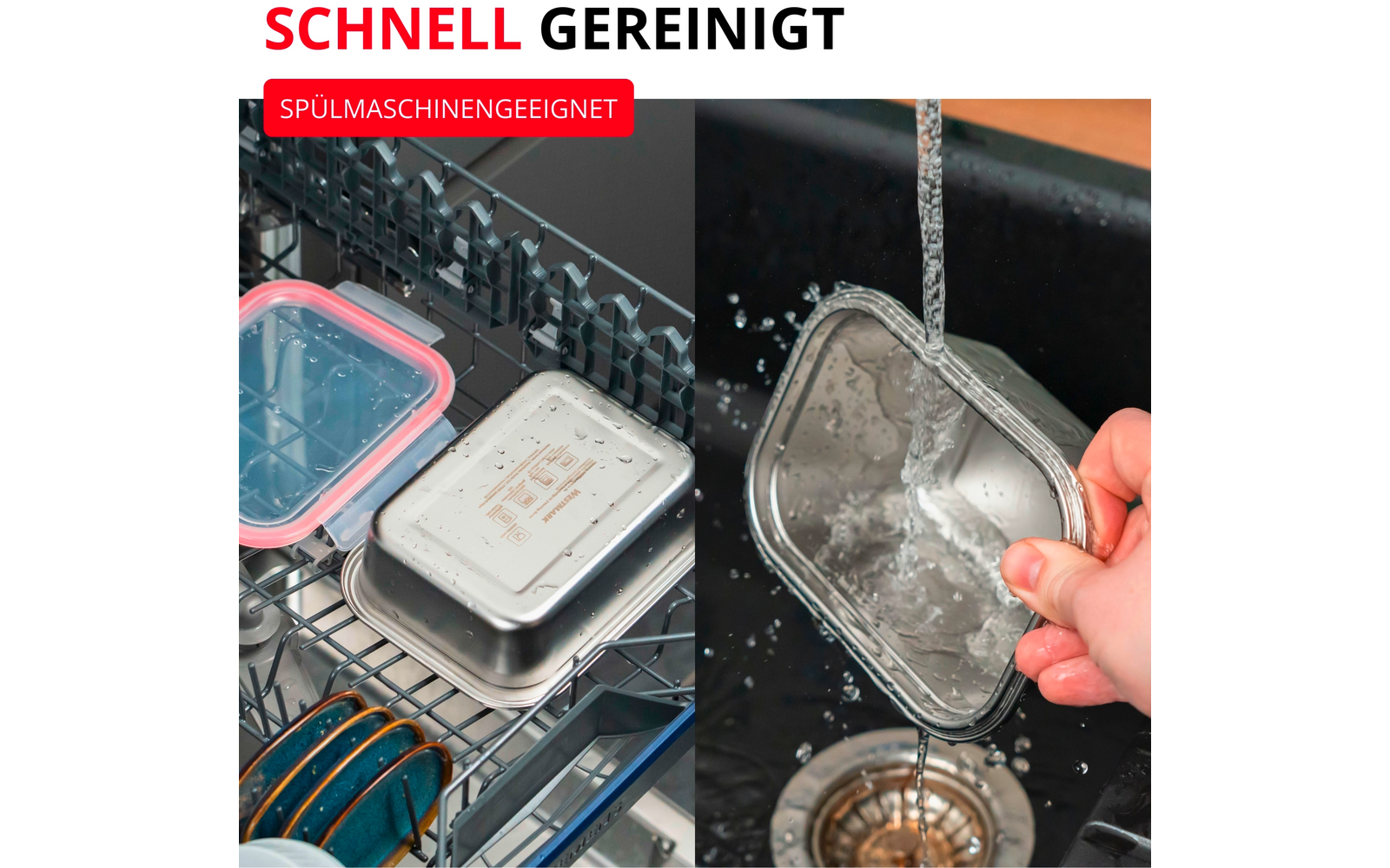 À gauche un lave-vaisselle ouvert avec des récipients rectangulaires en acier inoxydable et un couvercle en plastique dans le panier ; à droite une main tient un couvercle rectangulaire sous un robinet qui coule au-dessus d'un évier