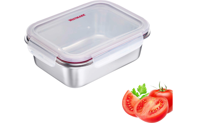 Boîte rectangulaire en acier inoxydable avec couvercle transparent et joint d'étanchéité rouge, à côté deux tranches de tomate et une tomate entière avec feuilles vertes