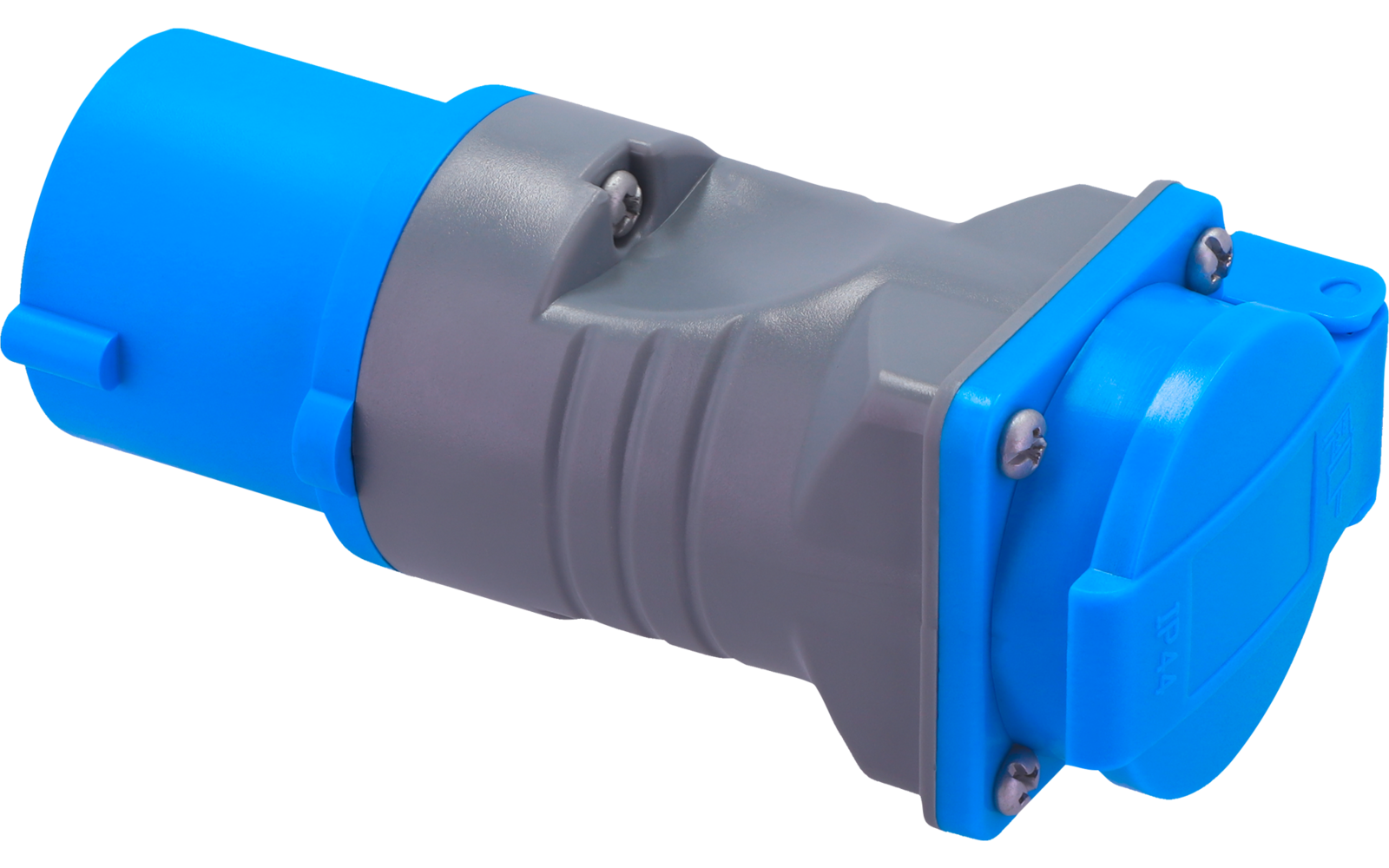 Blau-graues Kunststoffobjekt mit zylindrischem Gehäuse, runder Kappe an einem Ende, vier sichtbaren Schrauben und geriffelter Griffzone