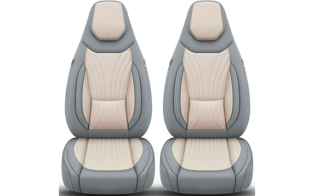 Zwei gepolsterte Sitze mit Kopfstützen, beige Mittelpolster und hellgraue Außenbereiche, nebeneinander auf weißem Hintergrund