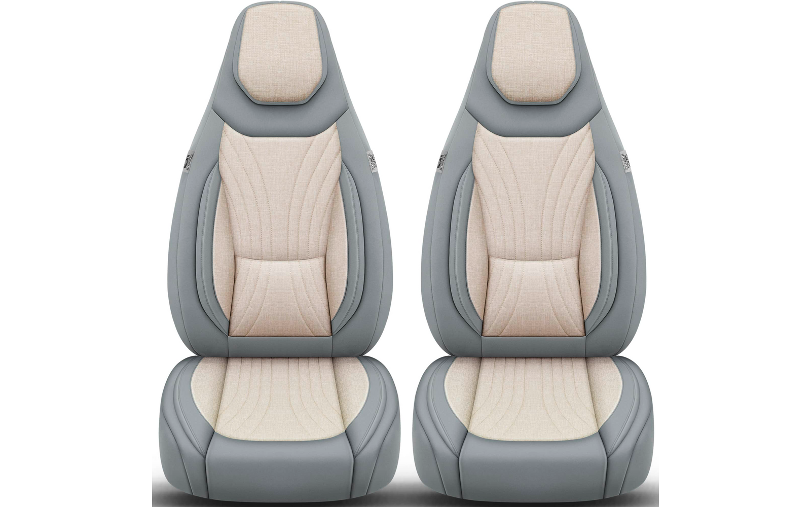 Zwei gepolsterte Sitze mit Kopfstützen, beige Mittelpolster und hellgraue Außenbereiche, nebeneinander auf weißem Hintergrund