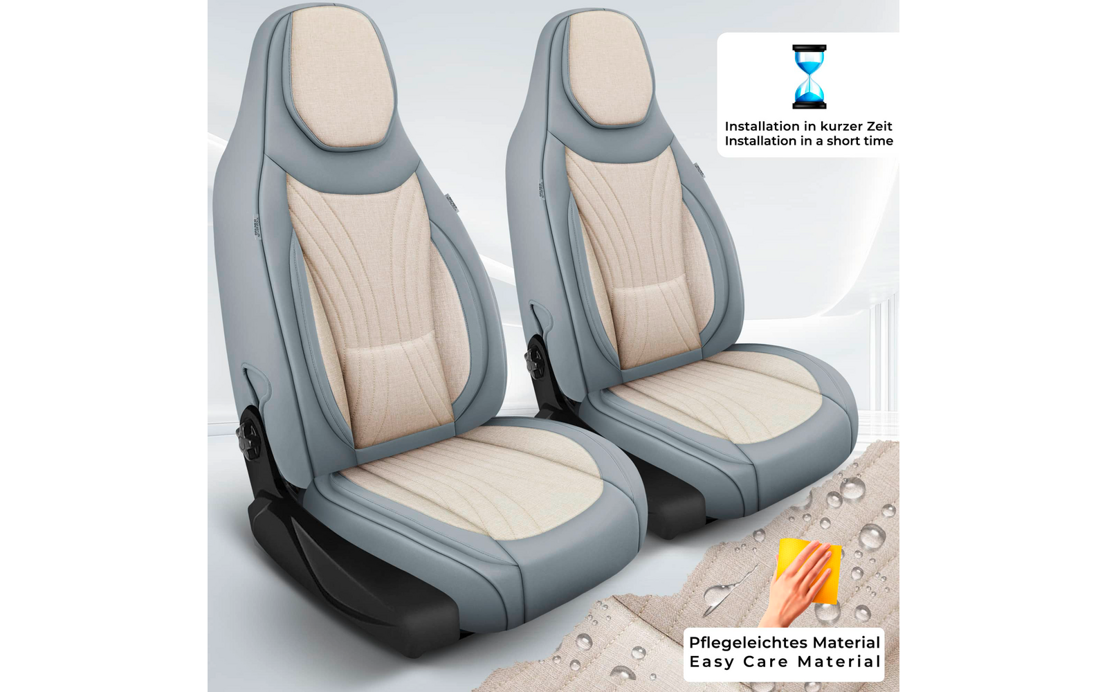Zwei graue Autositze mit beige gesteppter Sitz- und Rückenpolsterung; oben rechts ein kleines Panel mit Sanduhr-Symbol und Text; unten rechts ein kleines Bild einer Hand, die beige Stofffläche mit Wassertropfen abwischt