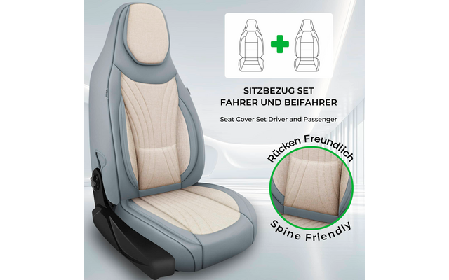 Grauer Autositz mit beigem Stoff-Sitzbezug auf hellem Hintergrund; oben rechts schematische Zeichnung von zwei Sitzumrissen mit grünem Pluszeichen; rechts unten runder Ausschnitt mit Stoffstruktur. Sichtbarer Text: 'SITZBEZUG SET FAHRER UND BEIFAHER'