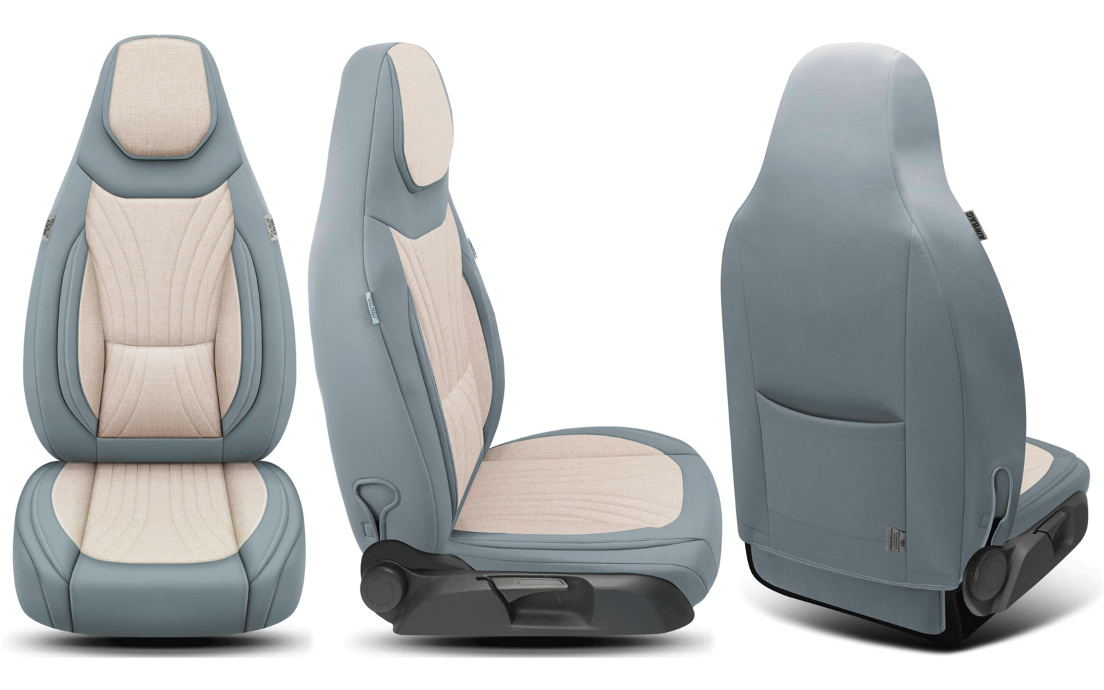 Drei Ansichten eines Fahrzeugsitzes: Vorder-, Seiten- und Rückansicht. Hellblauer Außenbezug, beigefarbene gepolsterte Innenteile mit Steppmuster, integrierte Kopfstütze, schwarze Sitzbasis mit Hebel und Tasche auf der Rückseite