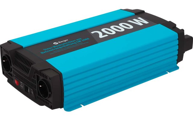 Appareil rectangulaire bleu avec une face avant noire, deux prises rondes, grilles de ventilation, texte blanc "2000W" sur le dessus et petit logo blanc