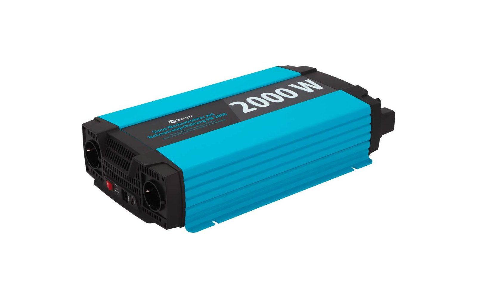 Appareil rectangulaire bleu avec une face avant noire, deux prises rondes, grilles de ventilation, texte blanc "2000W" sur le dessus et petit logo blanc