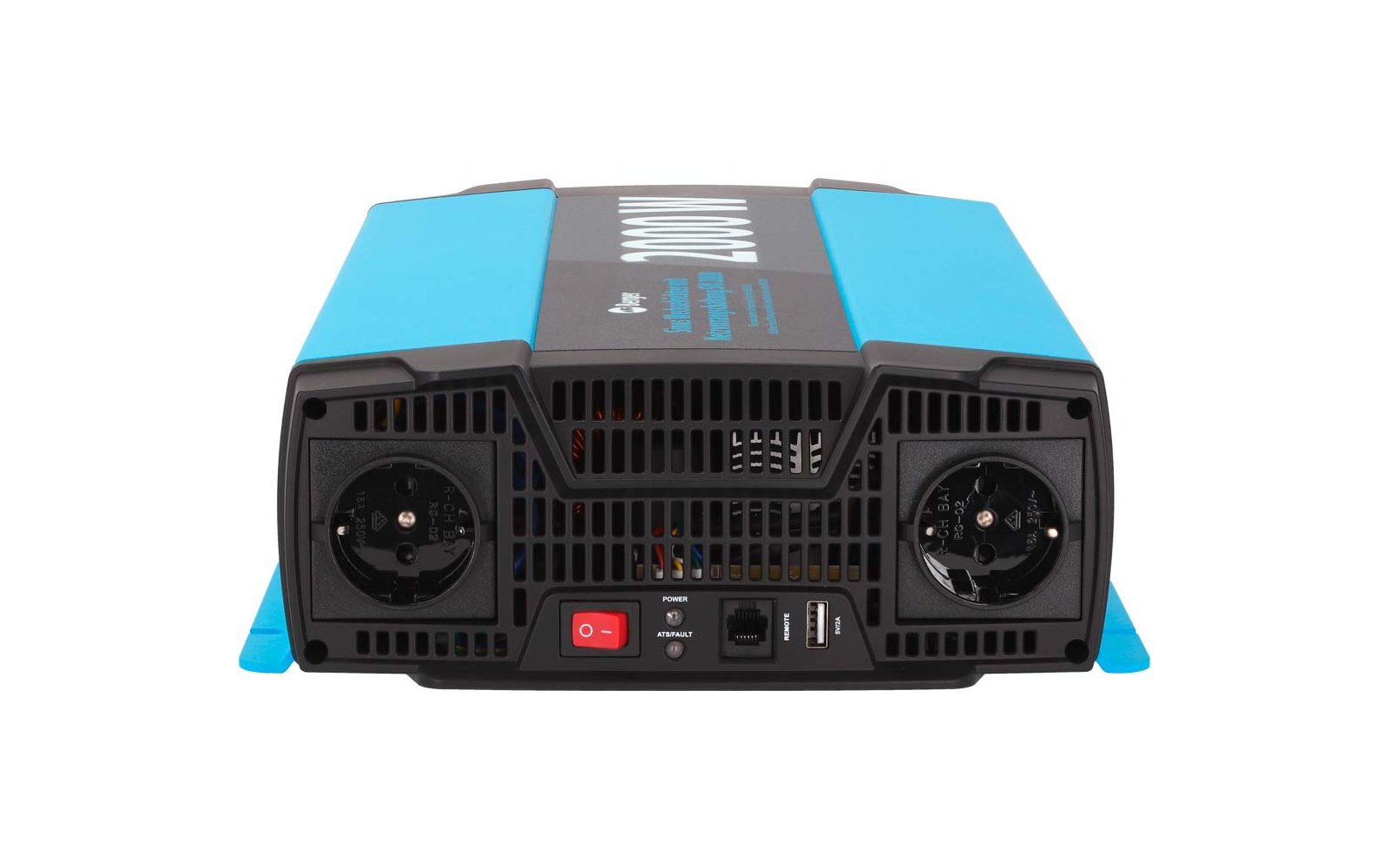 Vue de face d'un appareil bleu avec panneau noir, deux prises rondes, grilles d'aération, un interrupteur rouge et ports USB