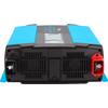 Appareil rectangulaire avec côtés bleus, face noire, deux grilles de ventilation et deux bornes, rouge à droite et noir à gauche