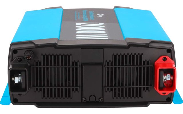Appareil rectangulaire avec côtés bleus, face noire, deux grilles de ventilation et deux bornes, rouge à droite et noir à gauche