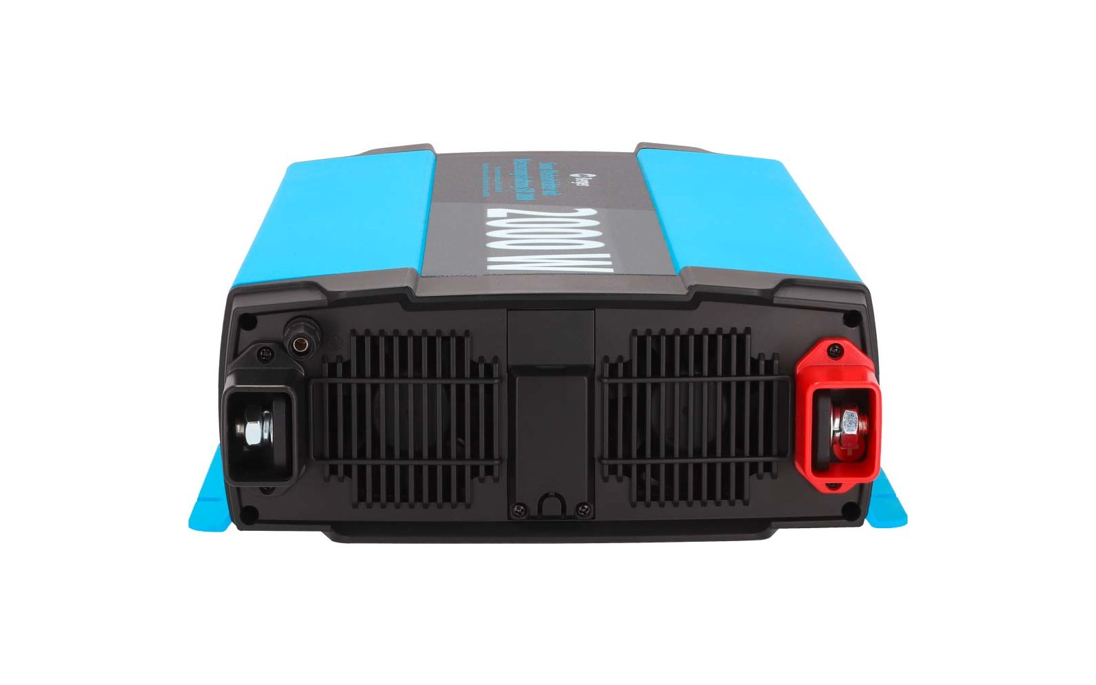 Appareil rectangulaire avec côtés bleus, face noire, deux grilles de ventilation et deux bornes, rouge à droite et noir à gauche