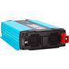 Appareil métallique rectangulaire turquoise avec façade noire, grilles d'aération, petite prise blanche à gauche et prise rouge à droite