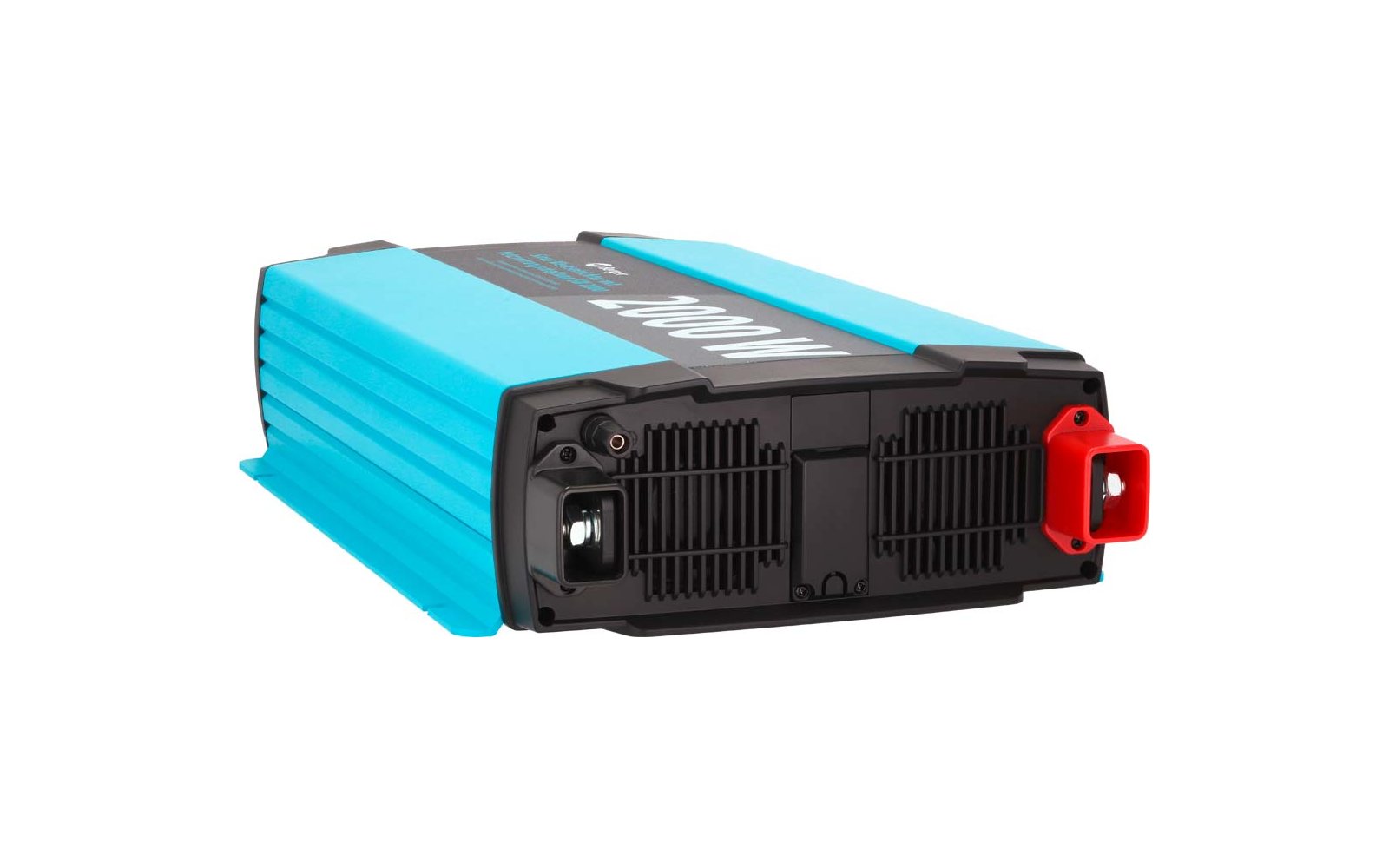 Appareil métallique rectangulaire turquoise avec façade noire, grilles d'aération, petite prise blanche à gauche et prise rouge à droite