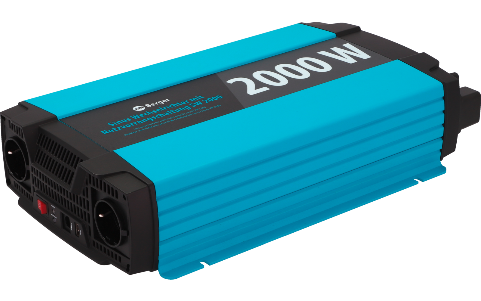 Blaues rechteckiges Gerät mit schwarzer Front, zwei runden Steckdosen, Lüftungsgittern, weißer Aufschrift "2000W" auf der Oberseite und kleinem weißen Logo