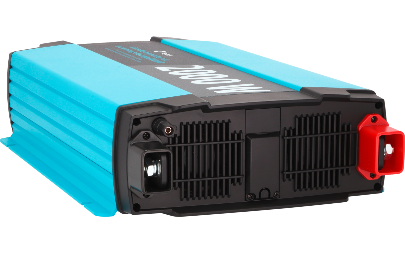 Türkisblaues rechteckiges Metallgerät mit schwarzer Frontplatte, Lüftungsgittern, kleinem weißen Anschluss links und roter Buchse rechts