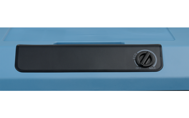 Blaue Oberfläche mit schwarzem, länglichem Rechteck und rundem Drehknopf rechts mit Markierungen