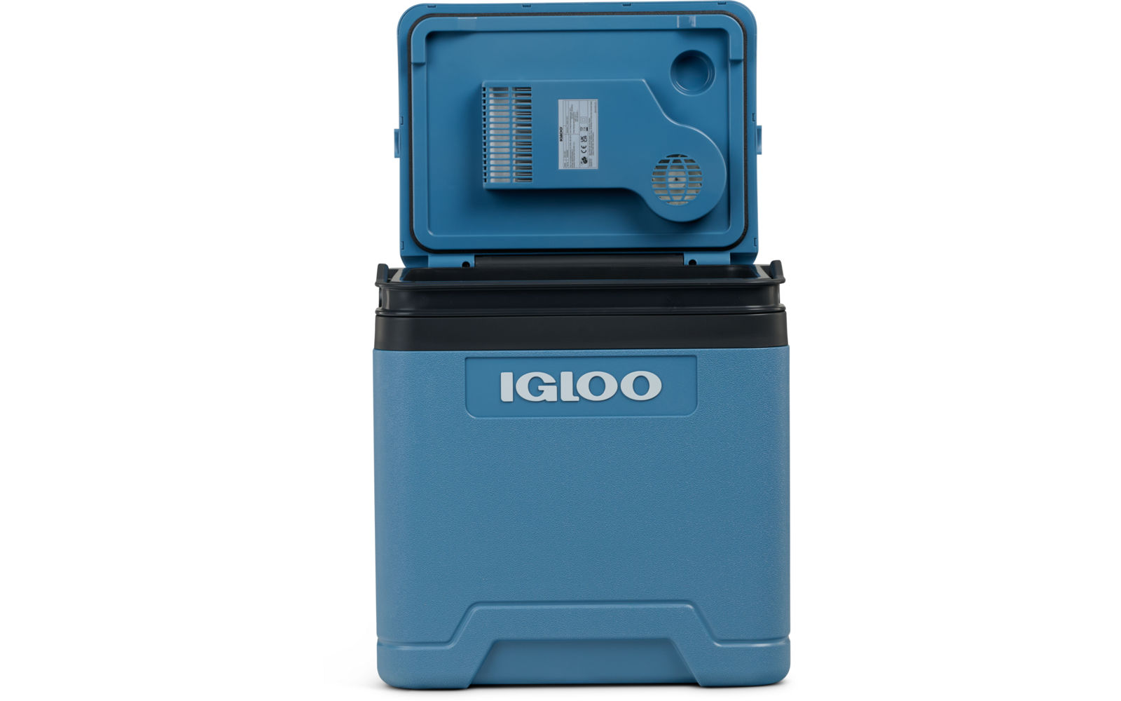 Blaue Igloo-Kühlbox mit offenem Deckel; weißer Schriftzug 'IGLOO' auf der Vorderseite; Unterseite des Deckels mit rundem Lüftungsgitter und Etikett sichtbar