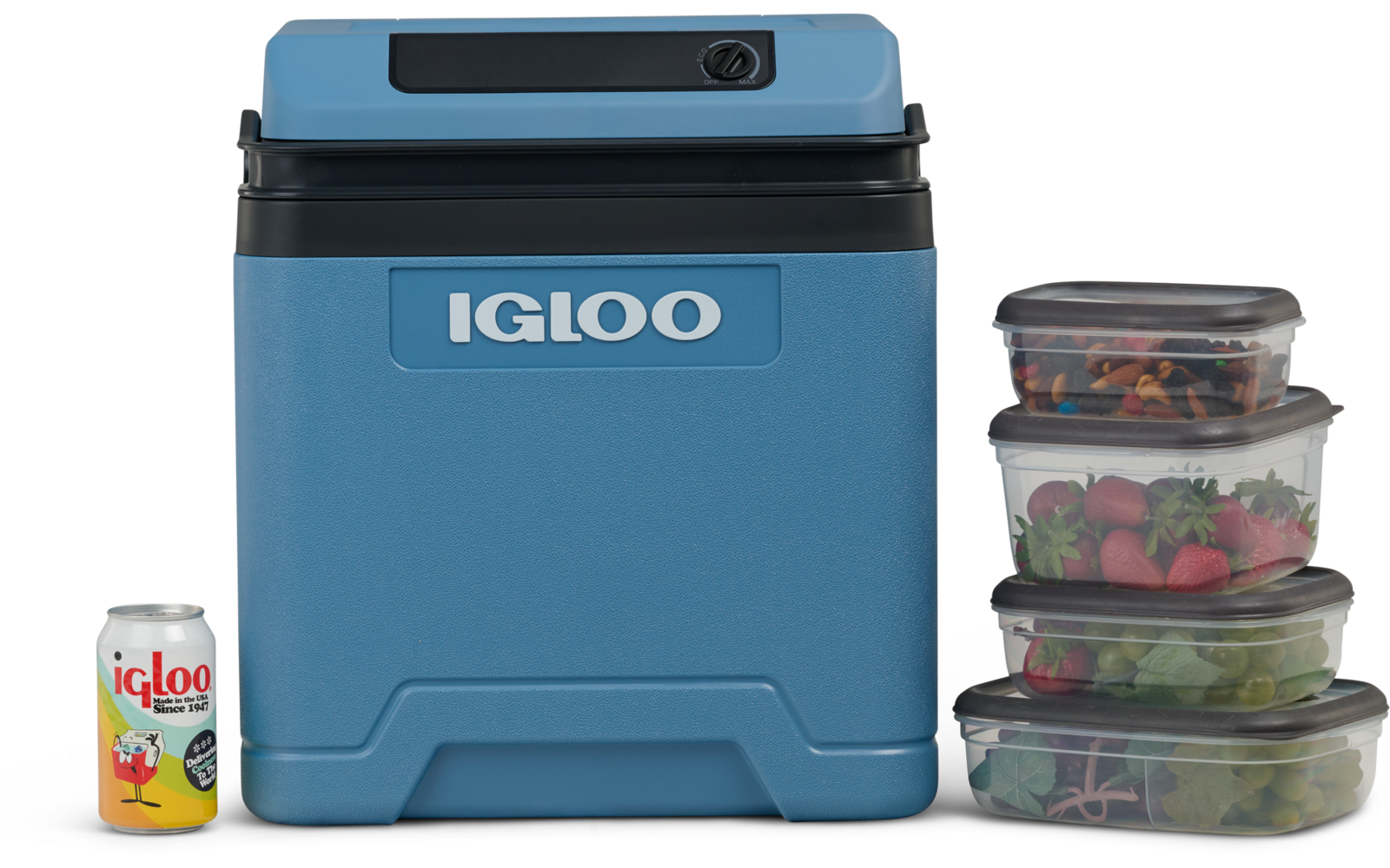 Blaue Igloo-Kühlbox mittig, rechts davon vier übereinander gestapelte transparente Lebensmittelbehälter mit Obst und Gemüse, links vorne eine kleine Getränkedose