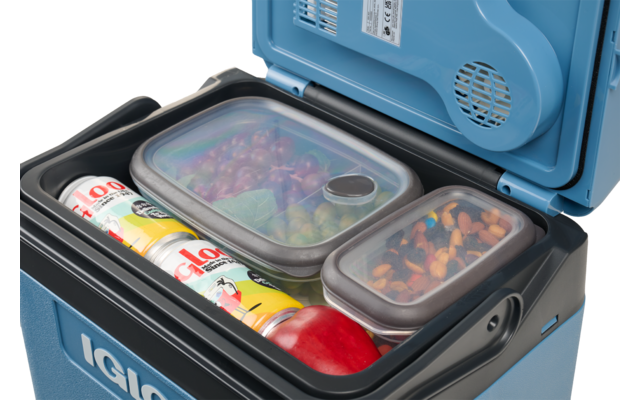 Blauer tragbarer Kühlbox mit offenem Deckel, im Inneren zwei transparente Behälter mit Obst und Süßigkeiten, zwei Getränkedosen und ein roter Apfel