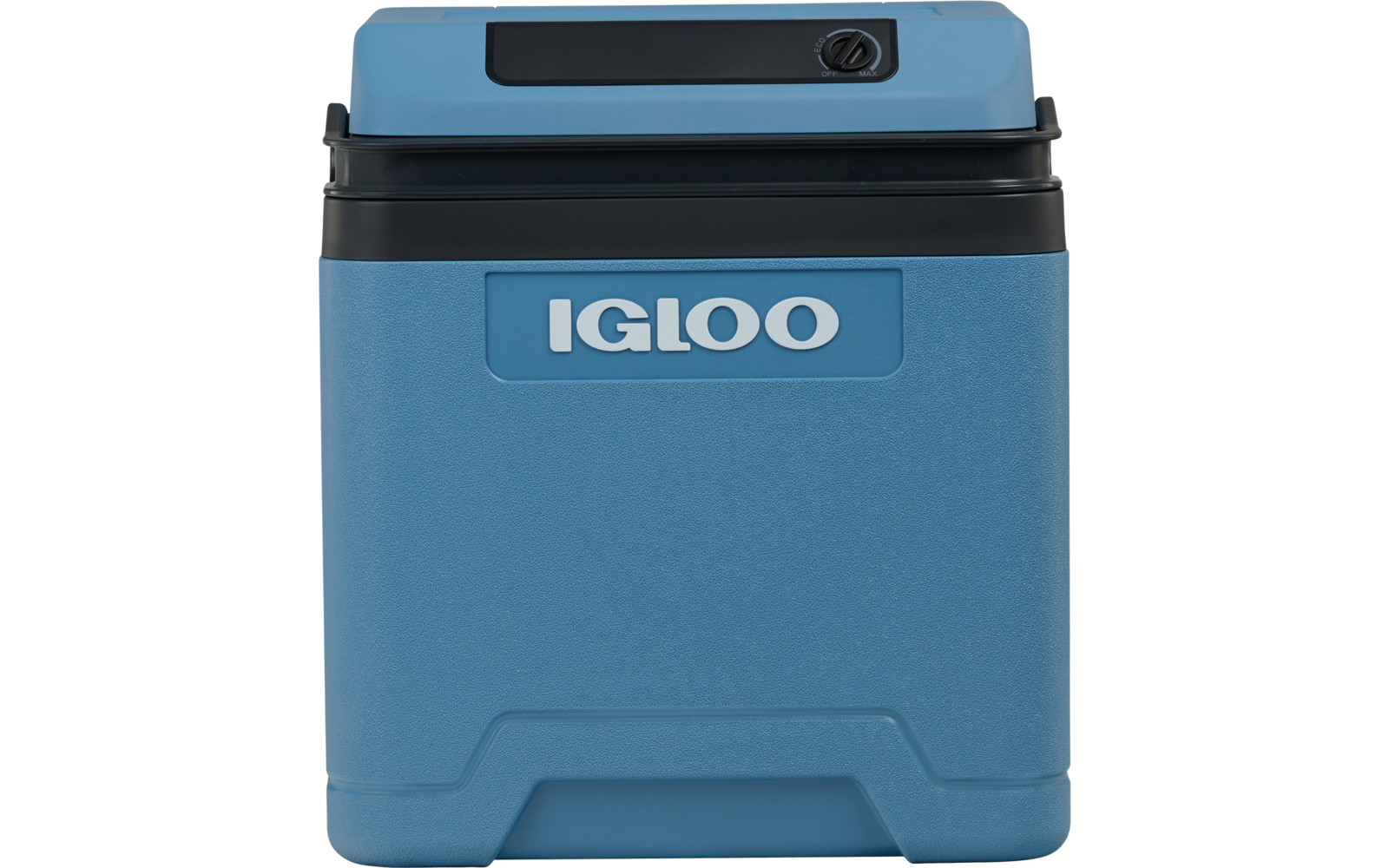 Blauer rechteckiger Kühlbox mit schwarzem Deckel und weißer Aufschrift "IGLOO"