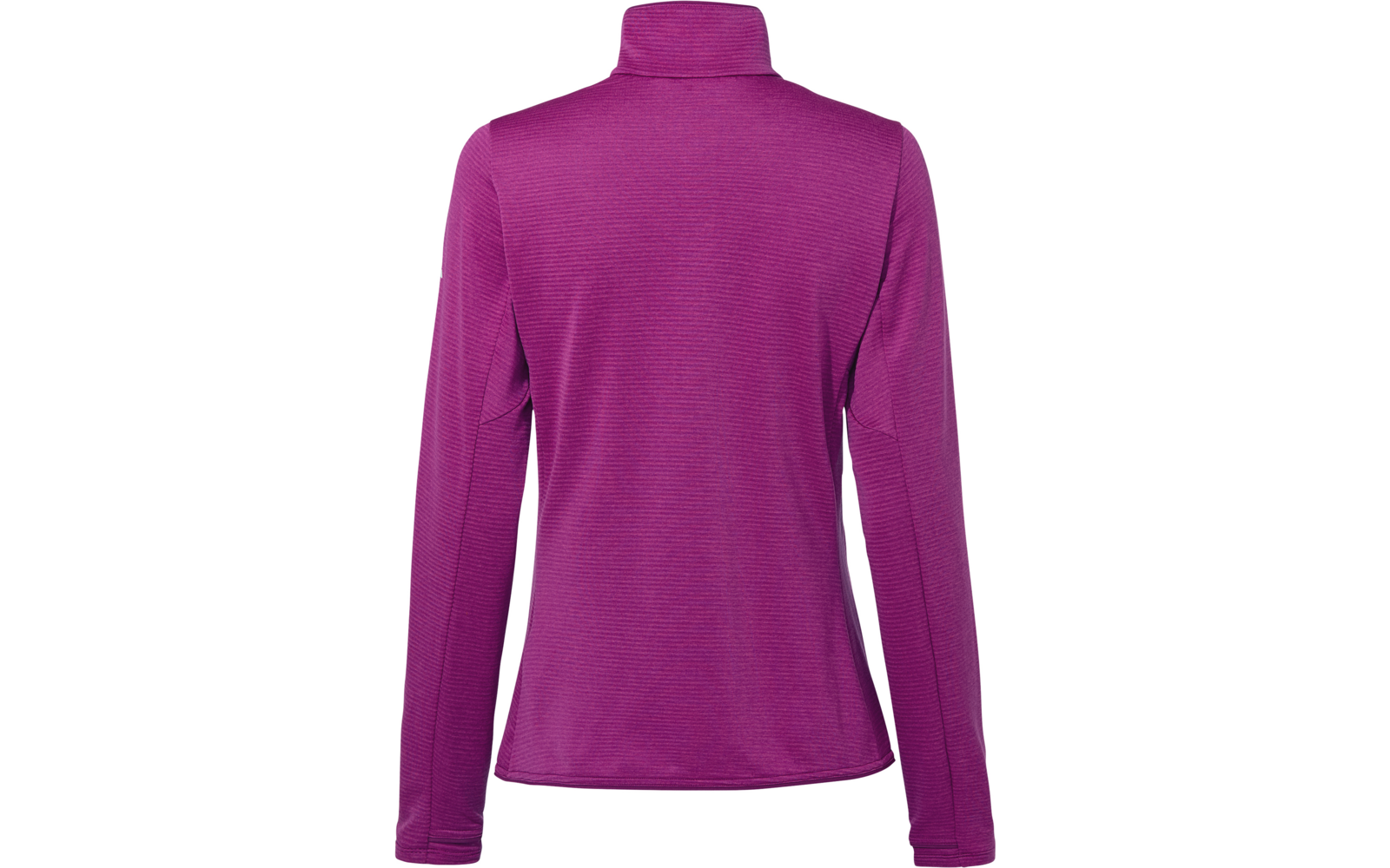 Rückansicht eines violetten langärmligen Rollkragenoberteils vor weißem Hintergrund