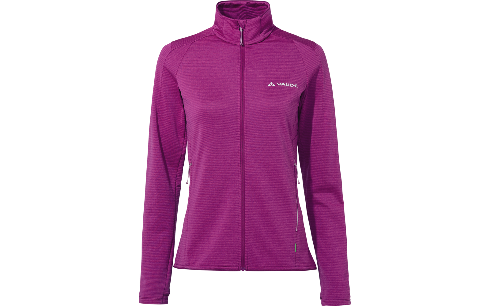 Violette Jacke mit durchgehendem Reißverschluss, Stehkragen, langen Ärmeln, zwei seitlichen Reißverschlusstaschen und VAUDE‑Logo auf der Brust