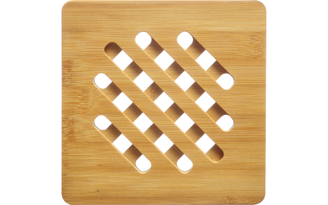 Quadratische hellbraune Bambusplatte mit abgerundeten Ecken und diagonalen, länglichen Aussparungen