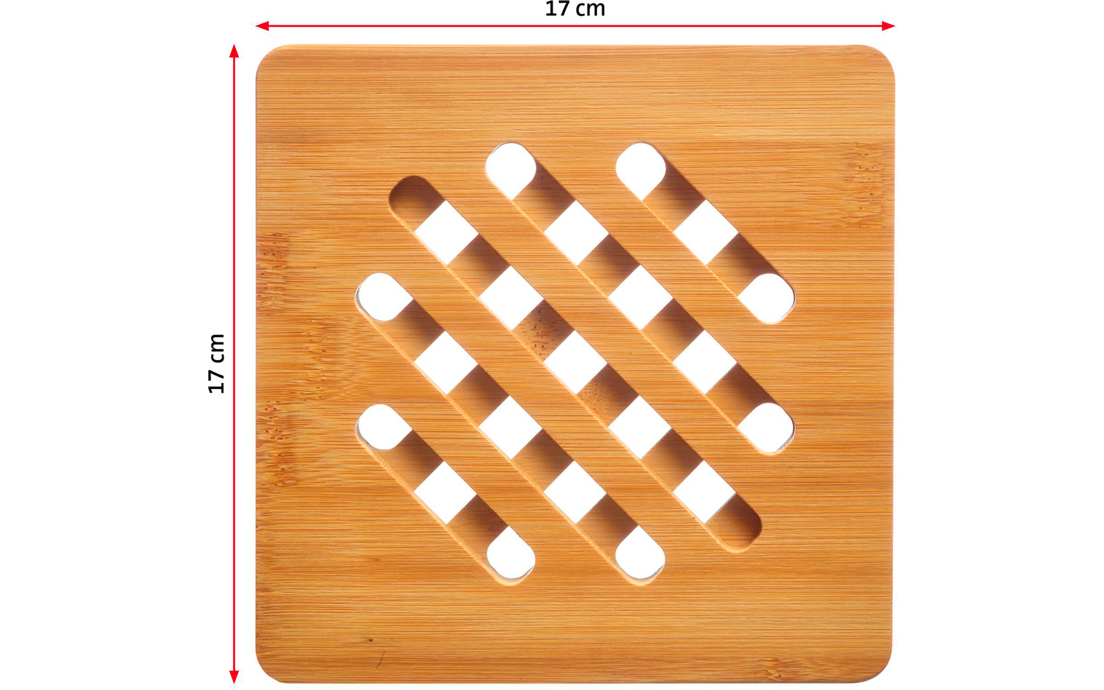 Quadratische Holzplatte mit abgerundeten Ecken und neun länglichen, diagonal angeordneten Ausschnitten; Messpfeile und Beschriftung "17 cm" oben und links