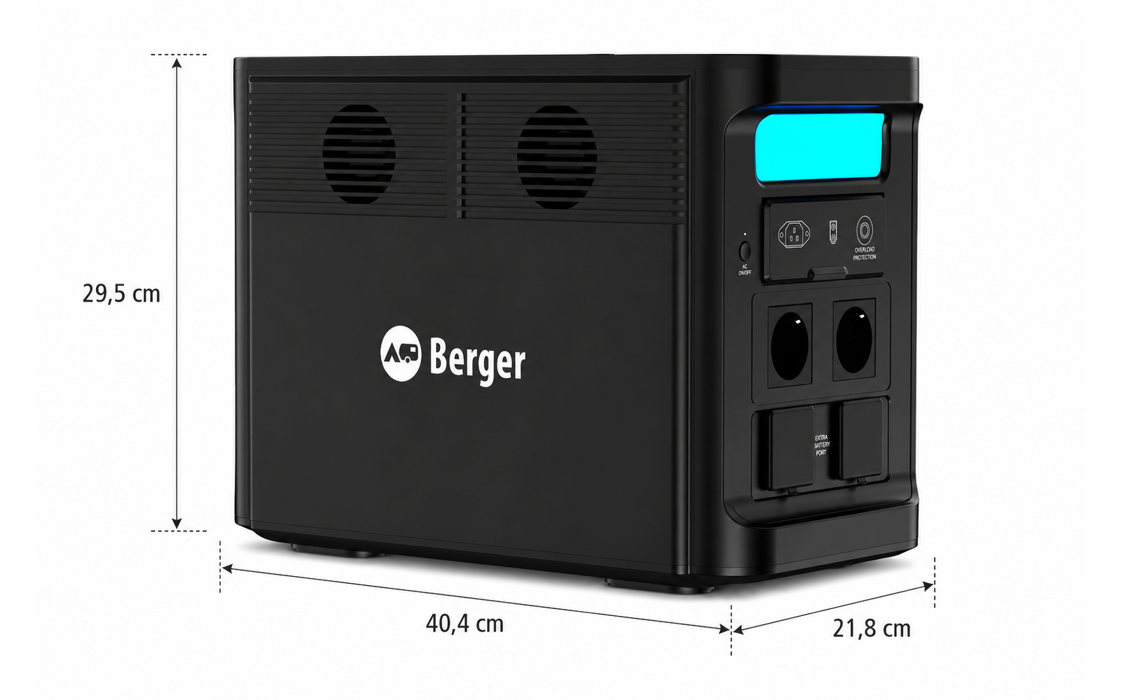 Schwarzes rechteckiges Gehäuse mit Berger-Logo, zwei runden Öffnungen oben, blau beleuchtetem Display und auf der Vorderseite zwei runde Steckdosen sowie zwei rechteckige Anschlüsse; eingezeichnete Abmessungen: 29,5 cm hoch, 40,4 cm breit, 21,8 cm ti