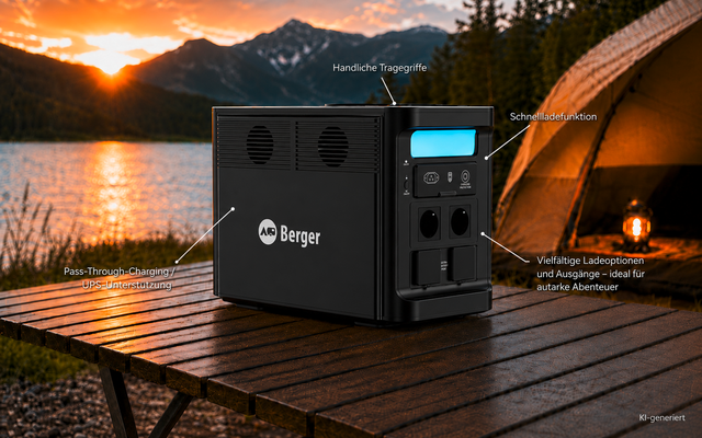Schwarze tragbare Powerstation mit Logo "Berger", Display, Steckdosen und Lüftungsöffnungen auf einem Holztisch; im Hintergrund Zelt, Laterne, See, Berge und Sonnenuntergang