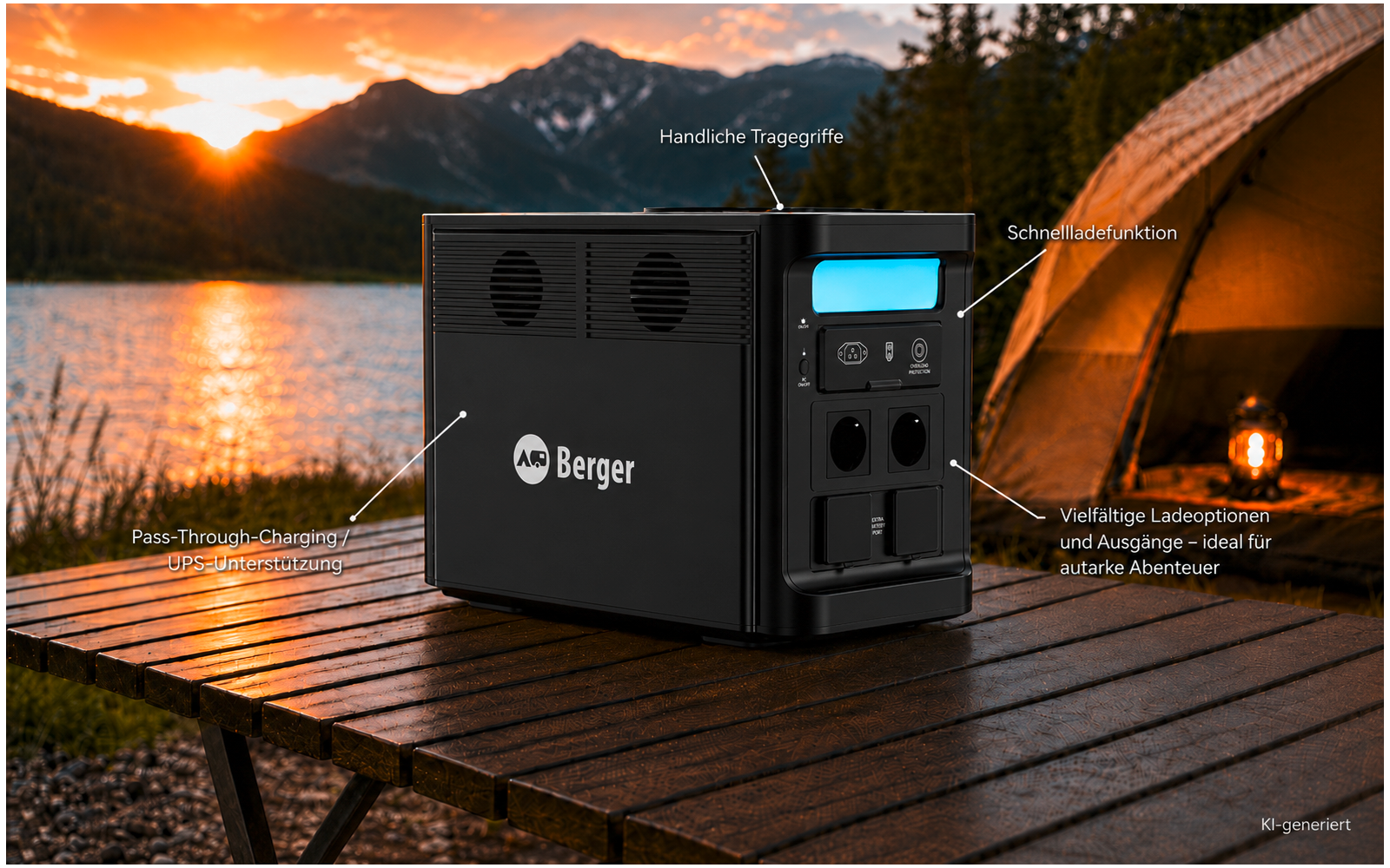 Schwarze tragbare Powerstation mit Logo "Berger", Display, Steckdosen und Lüftungsöffnungen auf einem Holztisch; im Hintergrund Zelt, Laterne, See, Berge und Sonnenuntergang