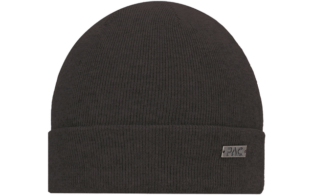 Dunkelgraue gestrickte Beanie-Mütze mit Umschlag und kleinem Metallplättchen mit Schrift 'PAC'