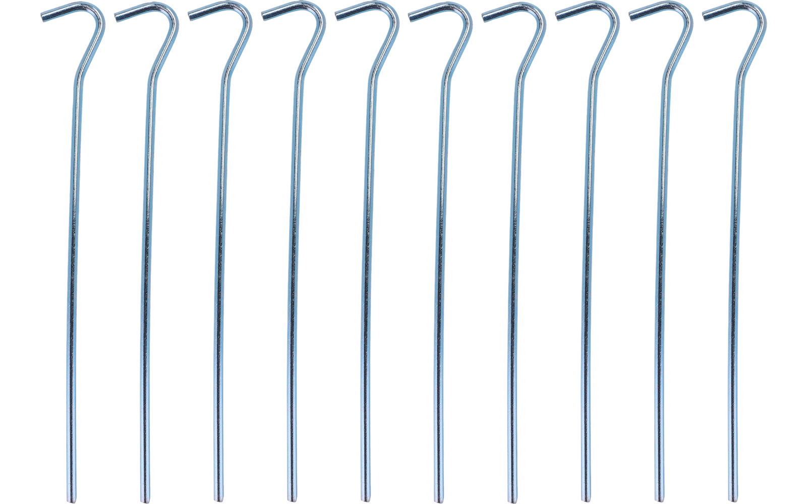 Several bent metal rods with hooked tops arranged side by side on a white background