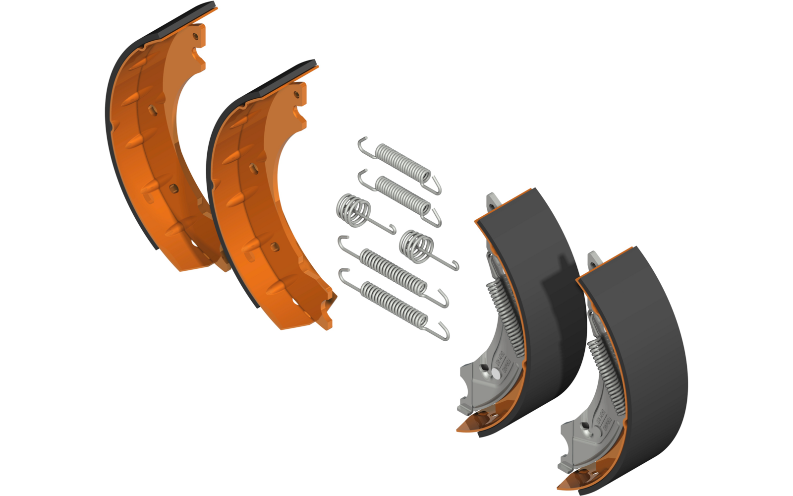 Zerlegte Bremstrommel mit Bremsbacken und Federn auf weißem Hintergrund
