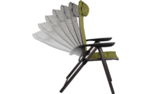 Chaise avec assise rembourrée verte et appuie-tête, structure métallique foncée, accoudoirs; dossier représenté en plusieurs positions superposées
