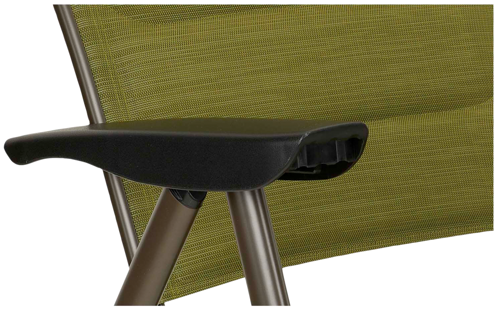 Close-up van een groene stoffen rugleuning, een bruin-grijs metalen frame en een zwarte kunststof armleuning