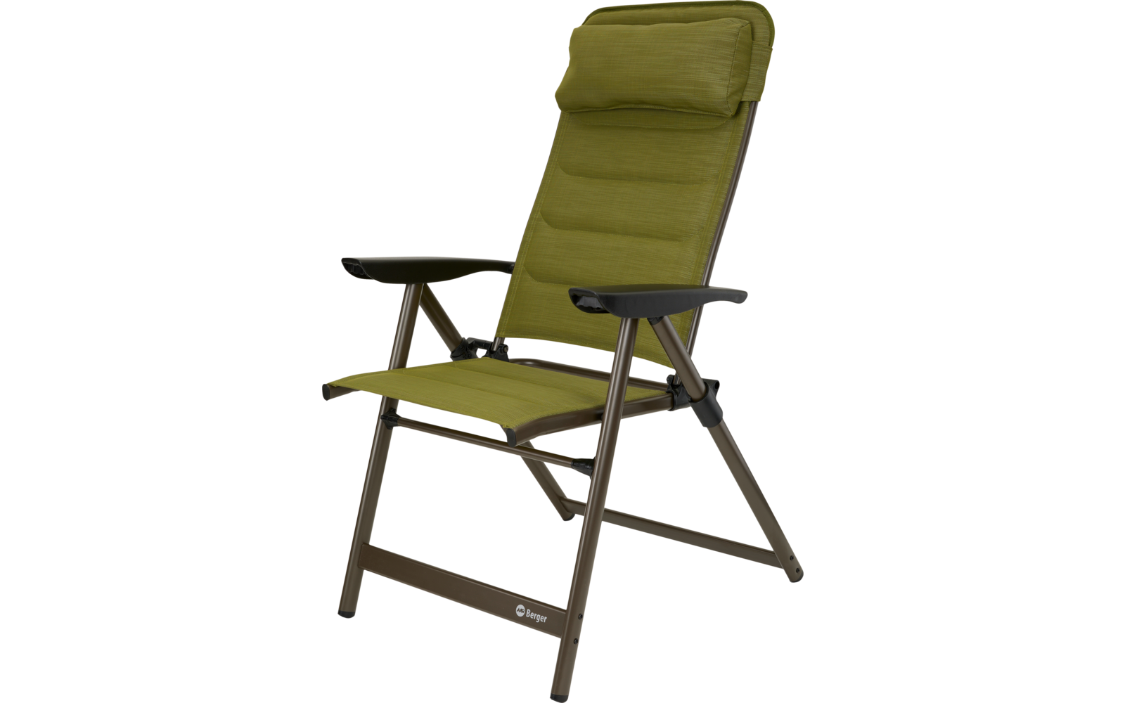 Chaise pliante rembourrée verte avec coussin appuie-tête, accoudoirs noirs, structure métallique brune et petite tablette ronde à gauche