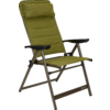 Chaise pliante verte avec appui-tête rembourré, assise en tissu, structure métallique brun-gris et accoudoirs noirs
