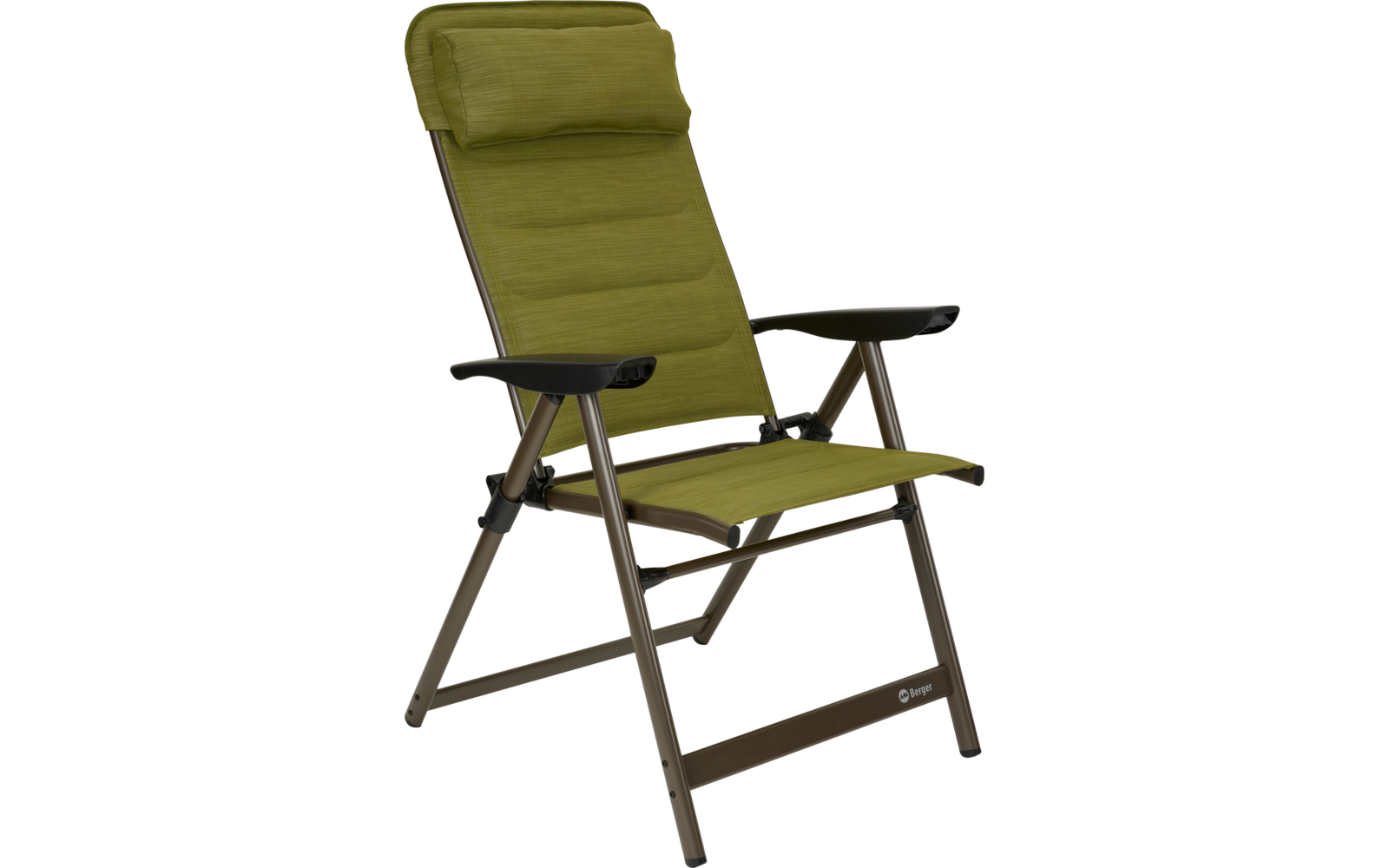 Chaise pliante verte avec appui-tête rembourré, assise en tissu, structure métallique brun-gris et accoudoirs noirs